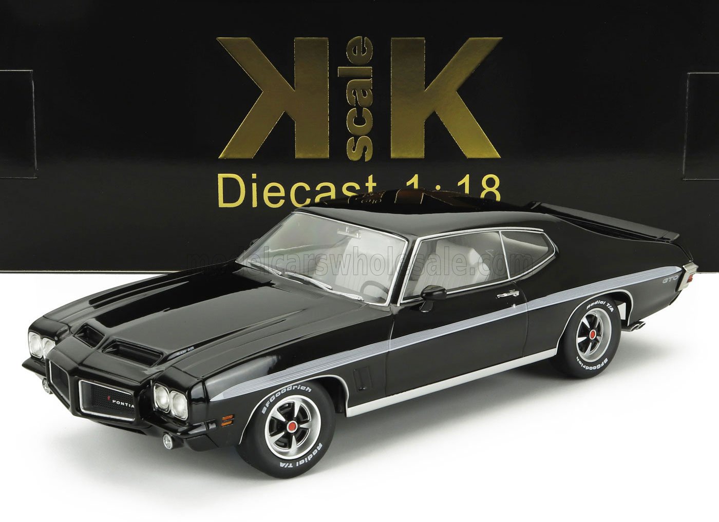 Black 1:18 scale Pontiac GTO diecast model car with white stripe, available through Vroomi