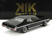 Black 1:18 scale Pontiac GTO diecast model car with white stripe, available through Vroomi