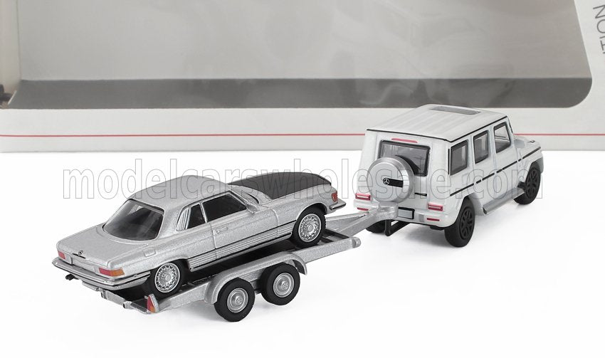 MERCEDES BENZ - G-CLASS (W463) 2018 WITH TRAILER + SL-CLASS 450SLC 5.0 COUPE (C107) 1980 - WHITE SILVER BLACK - Vroomi