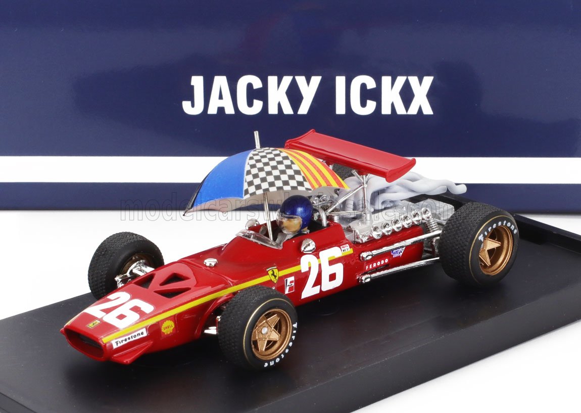 Ferrari F1 312 No. 26 Jacky Ickx Winner France GP 1968 with Driver Figure and Umbrella Brumm 1:43 scale model