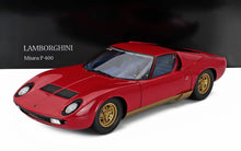 Red Lamborghini Miura P400 scale model car with gold wheels, collectible available at Vroomi