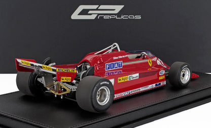 Red vintage Formula 1 Ferrari racing car model with Michelin tires, detailed sponsors, shown on black platform, offered on Vroomi