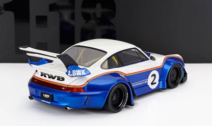 Blue and white Porsche 911 RWB model car with racing number 2, rear wing, widebody kit, available at Vroomi