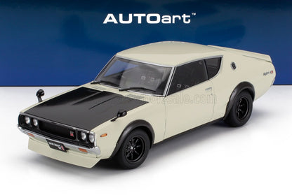 White Nissan Skyline 2000 GT-R model car with black hood and fender flares, available on Vroomi
