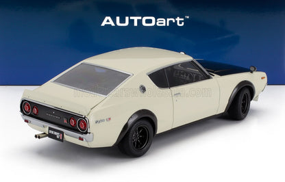 White Nissan Skyline 2000 GT-R model car with black hood and fender flares, shown rear side view, available on Vroomi