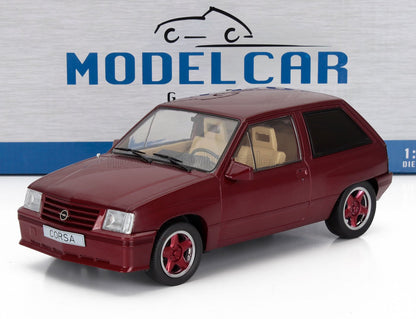 Red Opel Corsa die-cast 1:18 scale model car with beige interior, shown on white surface with Model Car signage, available at Vroomi