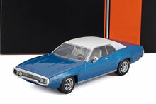 Blue classic 1971 Plymouth Road Runner model car with white roof, available on Vroomi