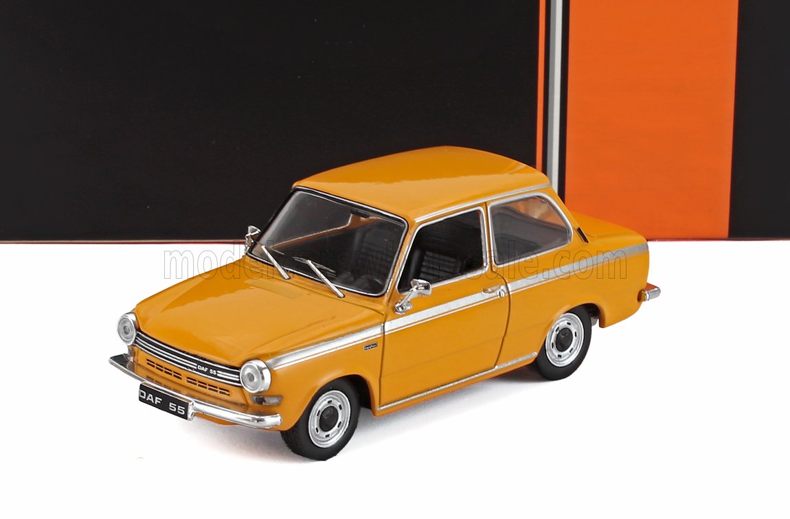 Yellow DAF 55 classic model car with silver trim displayed with black and orange background, available at Vroomi