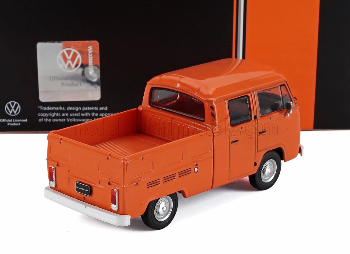 Orange vintage Volkswagen pickup toy model with detailed rear and side panels, available on Vroomi