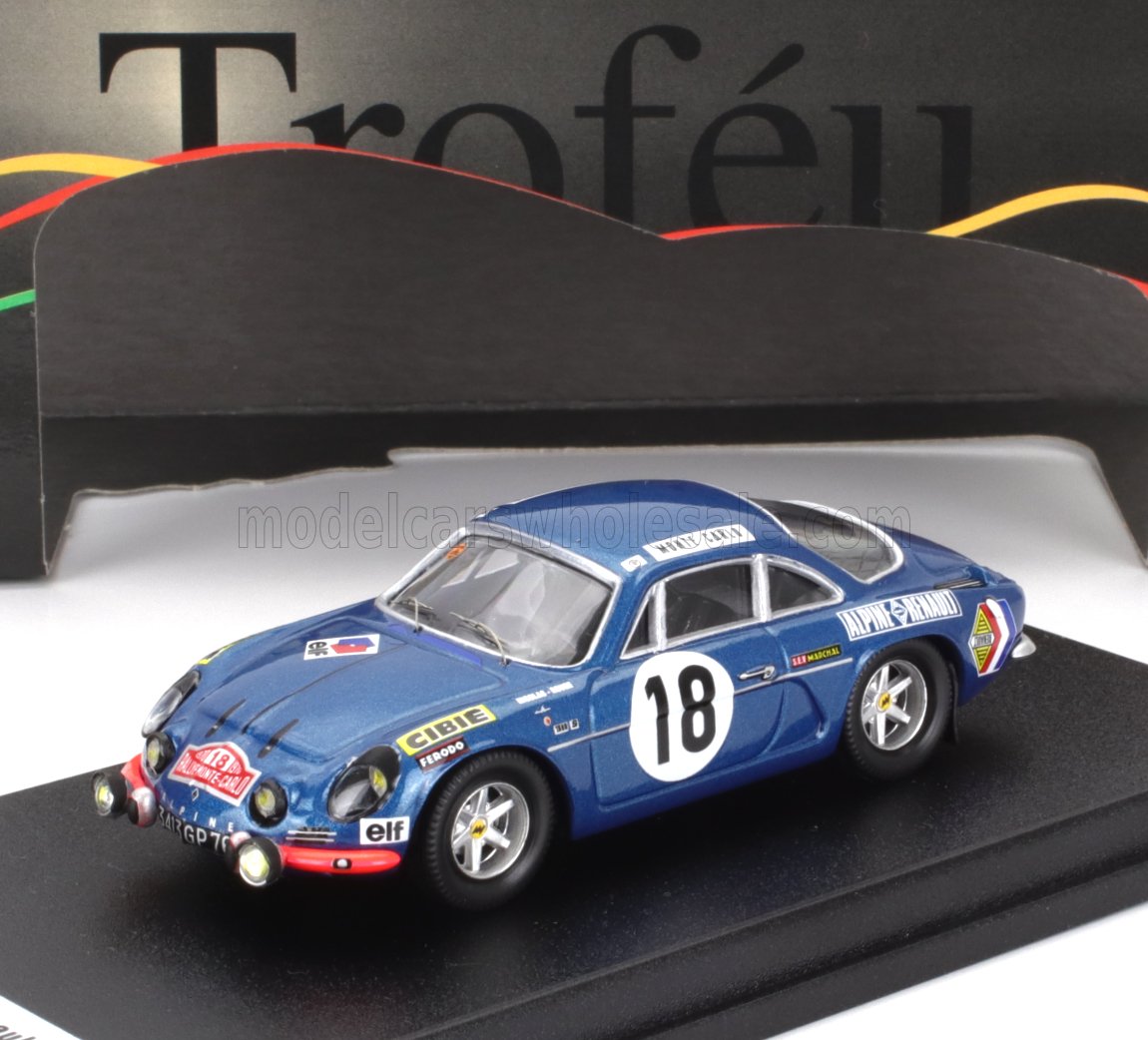 Voiture miniature Alpine A110 bleue avec décorations de course, numéro 18, présentée chez Vroomi