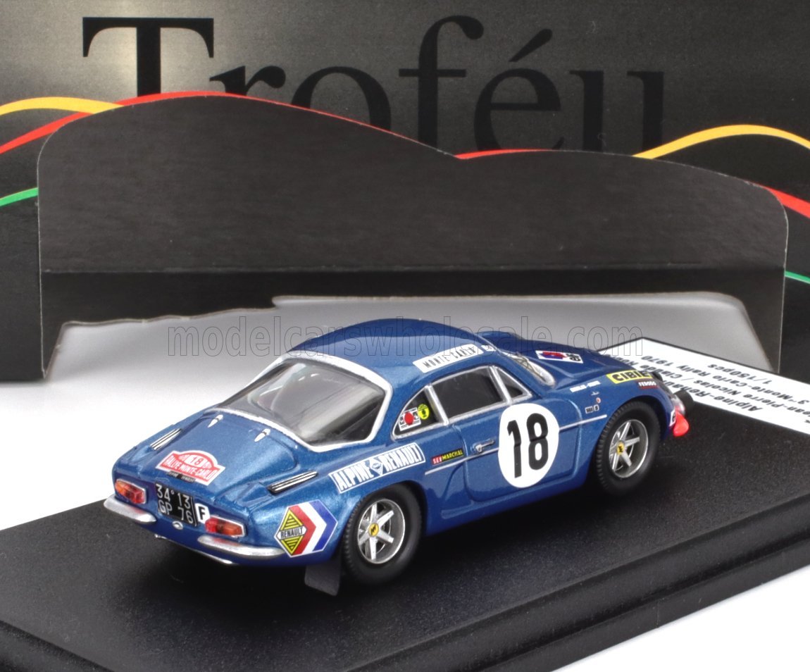 Voiture miniature 1:43 bleue, Alpine-Renault #18 de rallye, présentée avec la boîte Trofeu — Vroomi