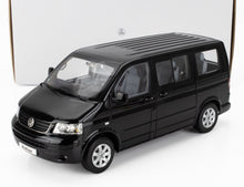 Black Volkswagen Multivan scale model car from Vroomi, detailed die-cast replica with clear windows and silver rims