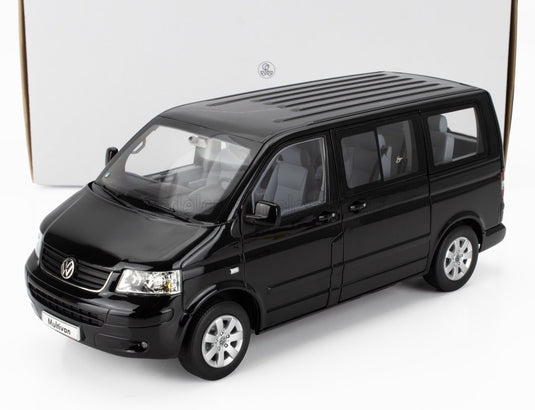 Zwart Volkswagen Multivan-schaalmodel van Vroomi, gedetailleerde replica van gegoten metaal met doorzichtige ramen en zilveren velgen