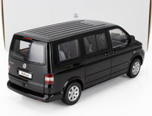 Black Volkswagen Multivan scale model car from Vroomi, detailed die-cast replica with clear windows and alloy wheels.