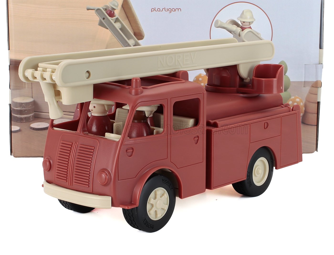 Vintage style red and beige toy fire truck with firefighter figures, available on Vroomi platform