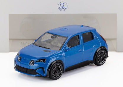 Blue Alpine compact electric model car on white display with Vroomi access icon above
