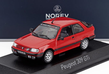 Red Peugeot 309 GTi model car on display stand with Norev branding, available on Vroomi