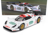 Modellino in scala Porsche 911 GT1 bianca con livrea Jever, cerchi dorati, esposto con scatola — Vroomi