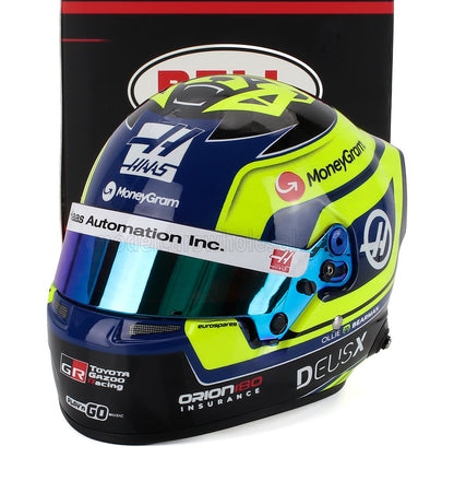 Haas F1 racing helmet scale model car collectible by Vroomi, featuring MoneyGram & DEUSX branding