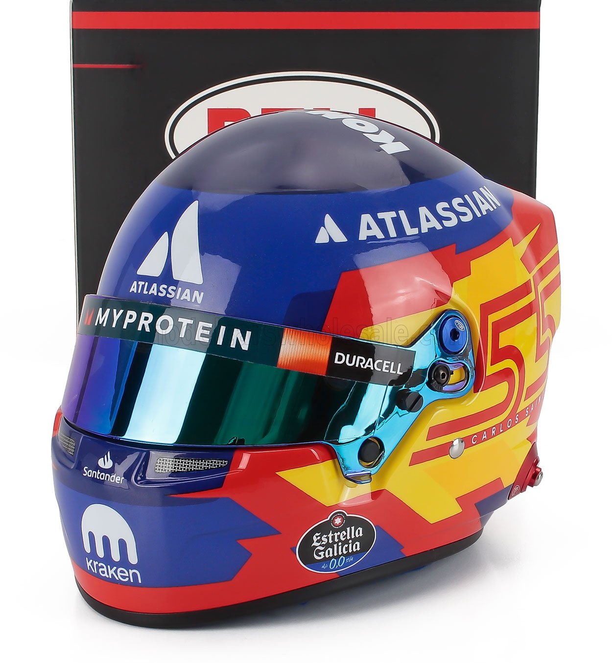 Carlos Sainz 2024 F1 helmet scale model car replica by Vroomi, featuring Atlassian, Myprotein, and Duracell branding