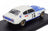 Voiture miniature Ford blanche et bleue avec #16 et décalcomanies Firestone, présentée sur socle noir — Vroomi