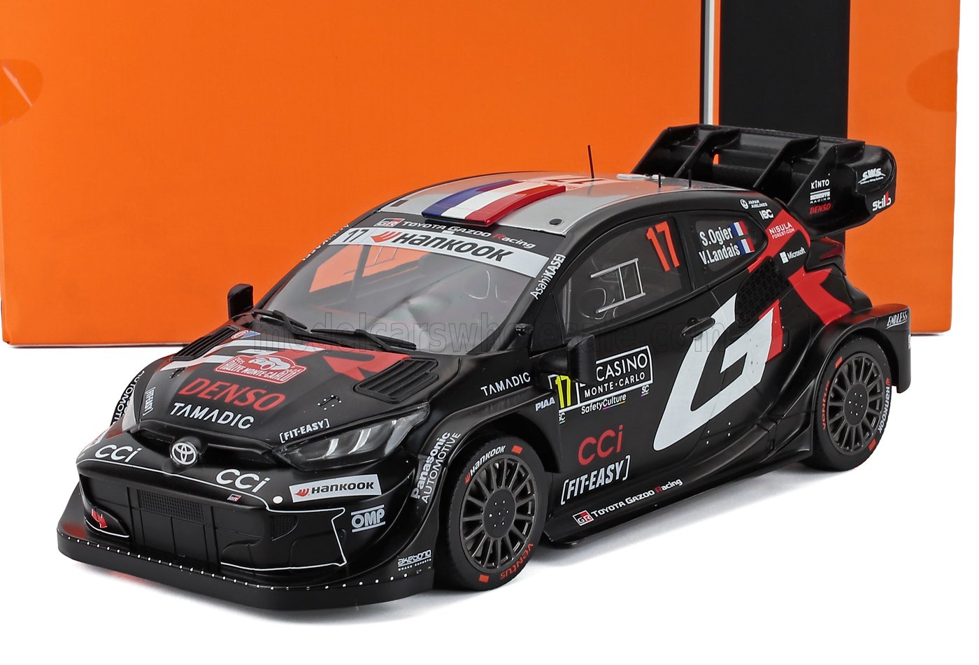 TOYOTA - YARIS GR HYBRID RALLY1 DEL EQUIPO TOYOTA GAZOO RACING WRT N.º 17, GANADOR DEL RALLY DE MONTECARLO 2025: SEBASTIAN OGIER - VINCENT LANDAIS - MODELO A ESCALA EN COLOR NEGRO en Vroomi
