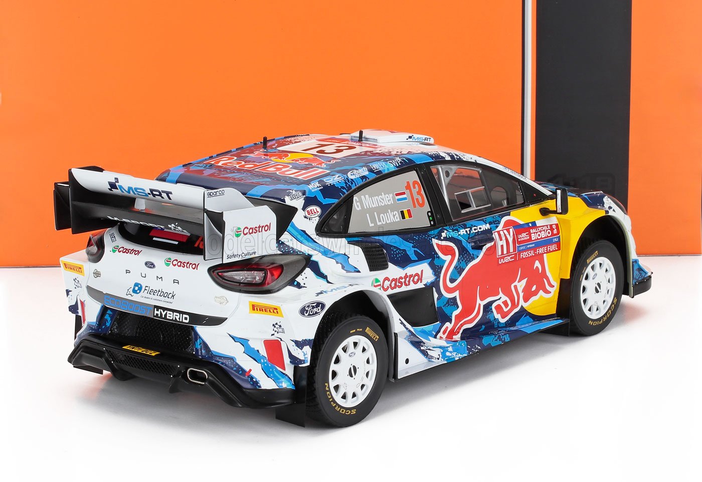 Ford Puma hybrid rally car with Red Bull livery and Castrol sponsorship, shown in studio, now on Vroomi