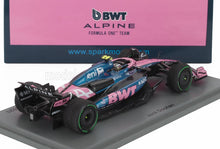 1/43 scale BWT Alpine Formula 1 car model in pink and blue with sponsor logos, available at Vroomi