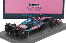 1/43 scale Alpine BWT Formula One car model in pink and blue with Pierre Gasly on display base, available at Vroomi