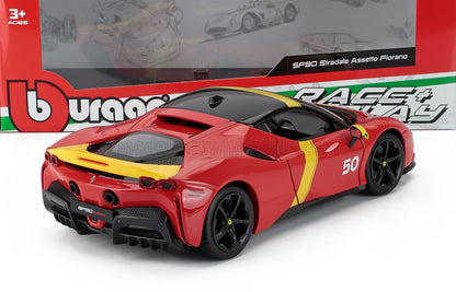 Red and yellow Bburago SF90 Stradale model car with number 50 decal, available on Vroomi platform