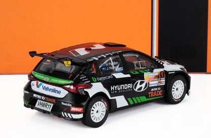 Black and white Hyundai New Zealand rally car model with sponsor decals, available on Vroomi marketplace