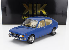 Blue Alfa Romeo classic model car with beige interior in front of black KK Scale packaging, available on Vroomi