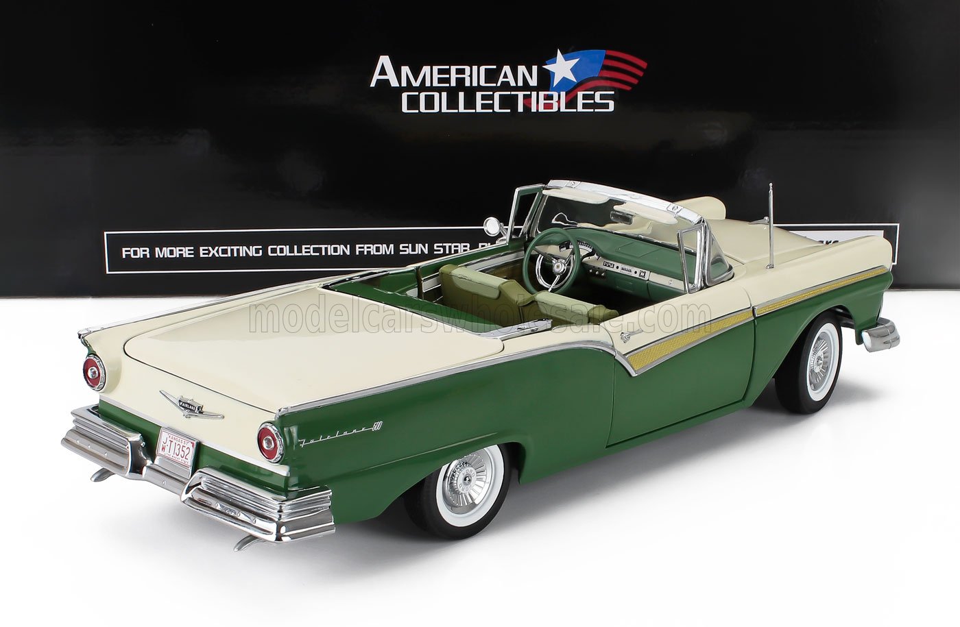 Green and cream 1/18 scale vintage convertible model car, available at Vroomi.