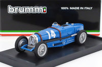 Modellino in scala 1:43 Brumm Bugatti blu, monoposto d'epoca con numero 14, su base nera — Vroomi