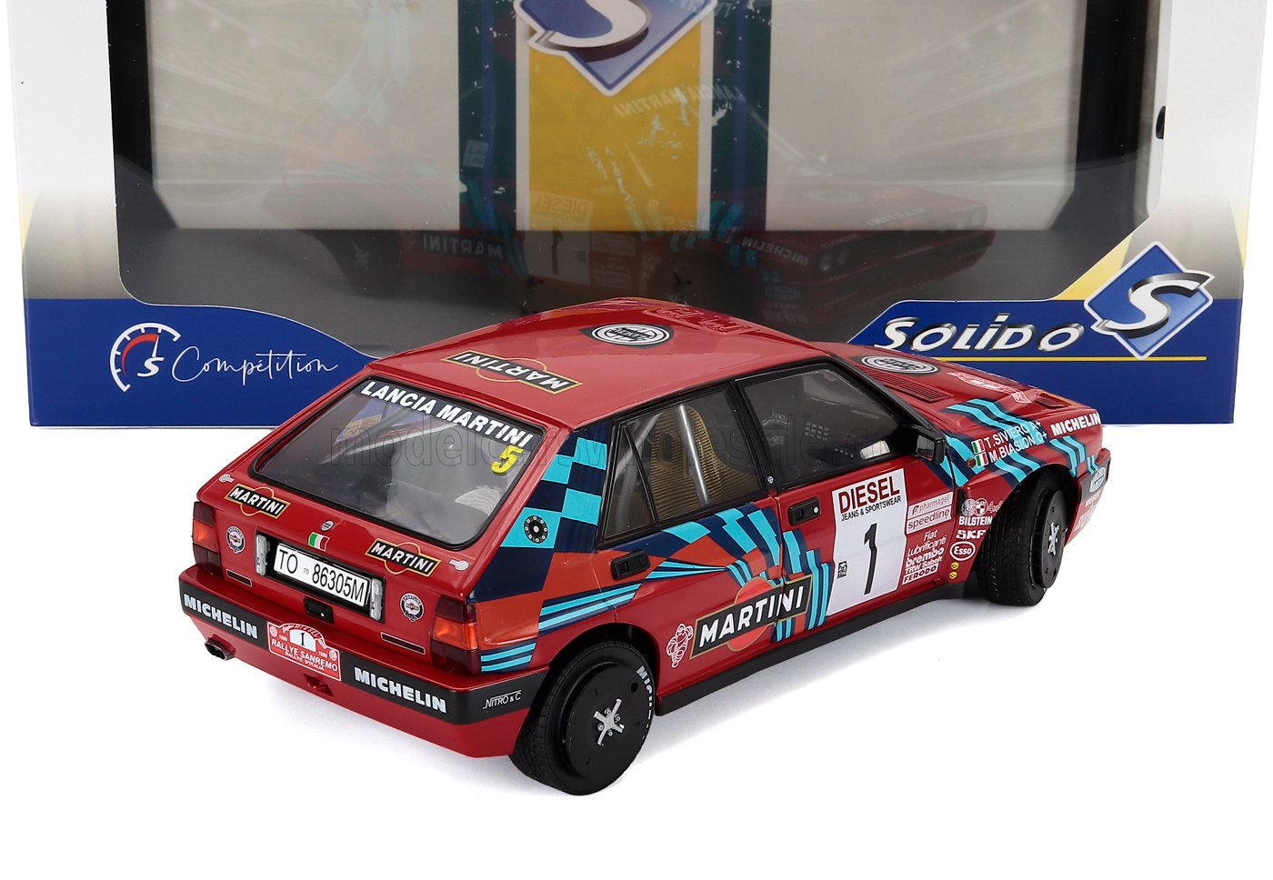 1/18 scale Lancia Delta rally die-cast model car with Martini racing livery, available now