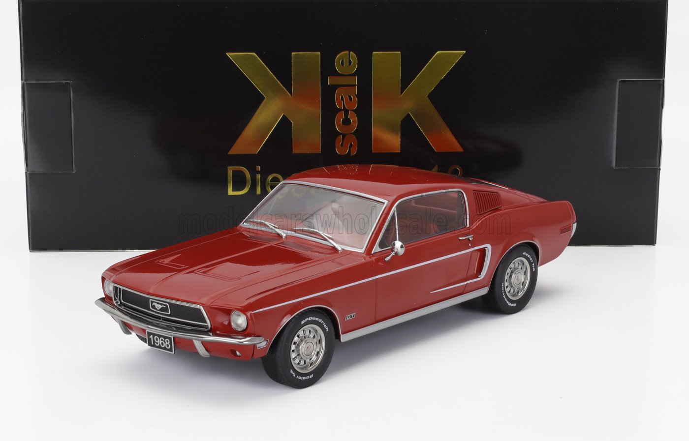 Red 1968 Ford Mustang GT model car with detailed features, available on Vroomi platform