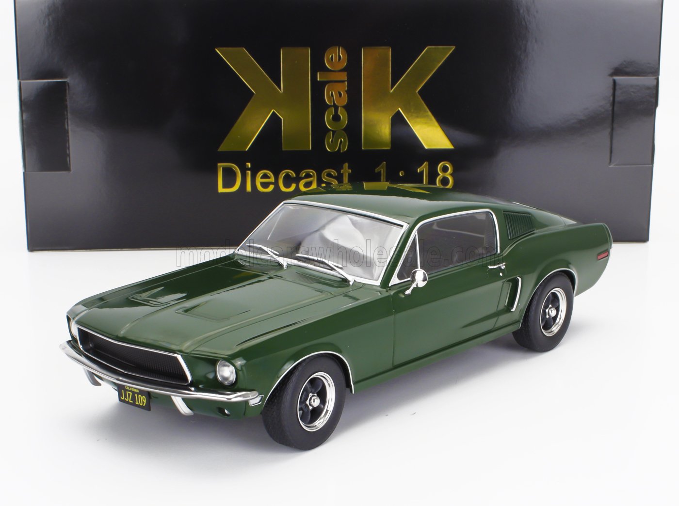 Green 1:18 scale KK Diecast model classic car with black and gold packaging, available on Vroomi
