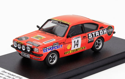 Red Opel Kadett GT/E rally model car with sponsor decals and number 14, offered through Vroomi