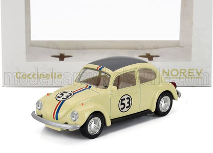 Yellow vintage Volkswagen Beetle model car with number 53 and racing stripes, available on Vroomi
