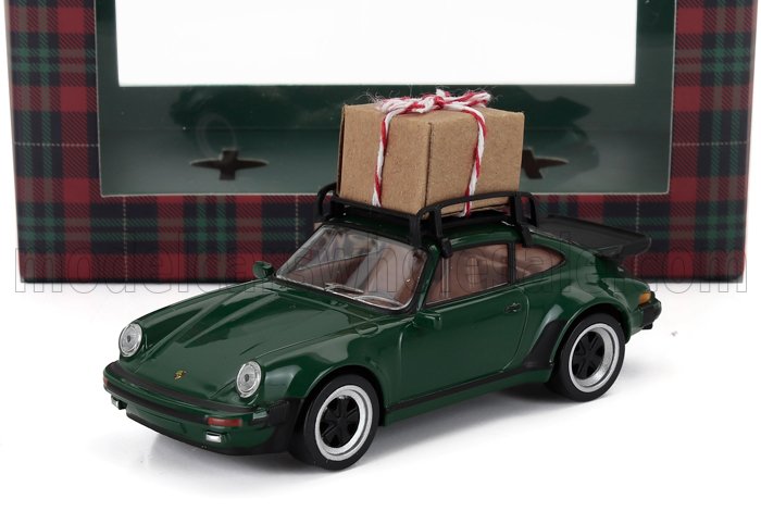 Green vintage Porsche 911 model car with gift box on roof, holiday decor, available via Vroomi