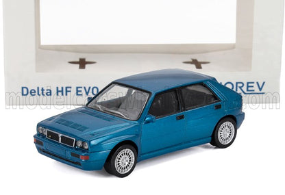 Blue Lancia Delta HF EVO model car displayed with packaging, now featured on Vroomi