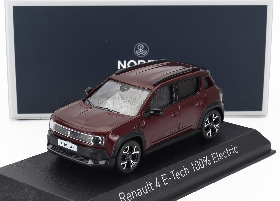 Detailed model of maroon Renault 4 E-Tech 100% Electric on display stand, available on Vroomi