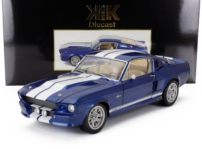 Blue GT500 diecast muscle car model with white stripes on white background, offered on Vroomi