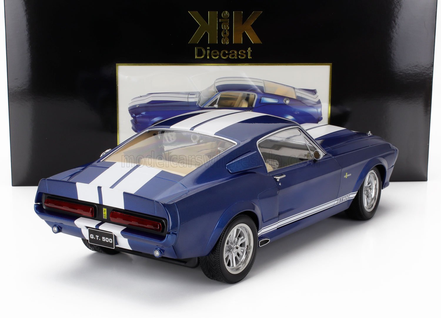 Blue G.T. 500 diecast model car with white racing stripes, detailed design, available on Vroomi