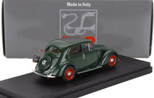 Green vintage model car with red wheels on black stand, made in Italy, available on Vroomi