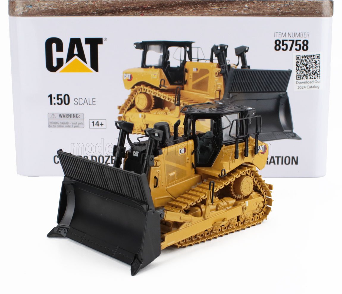 1:50 scale CAT D8 bulldozer model with detailed yellow and black design, available on Vroomi