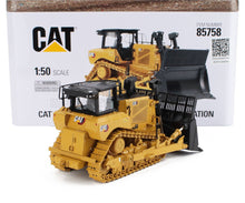 1:50 scale CAT D8 miniature bulldozer model with black blade, available on Vroomi platform