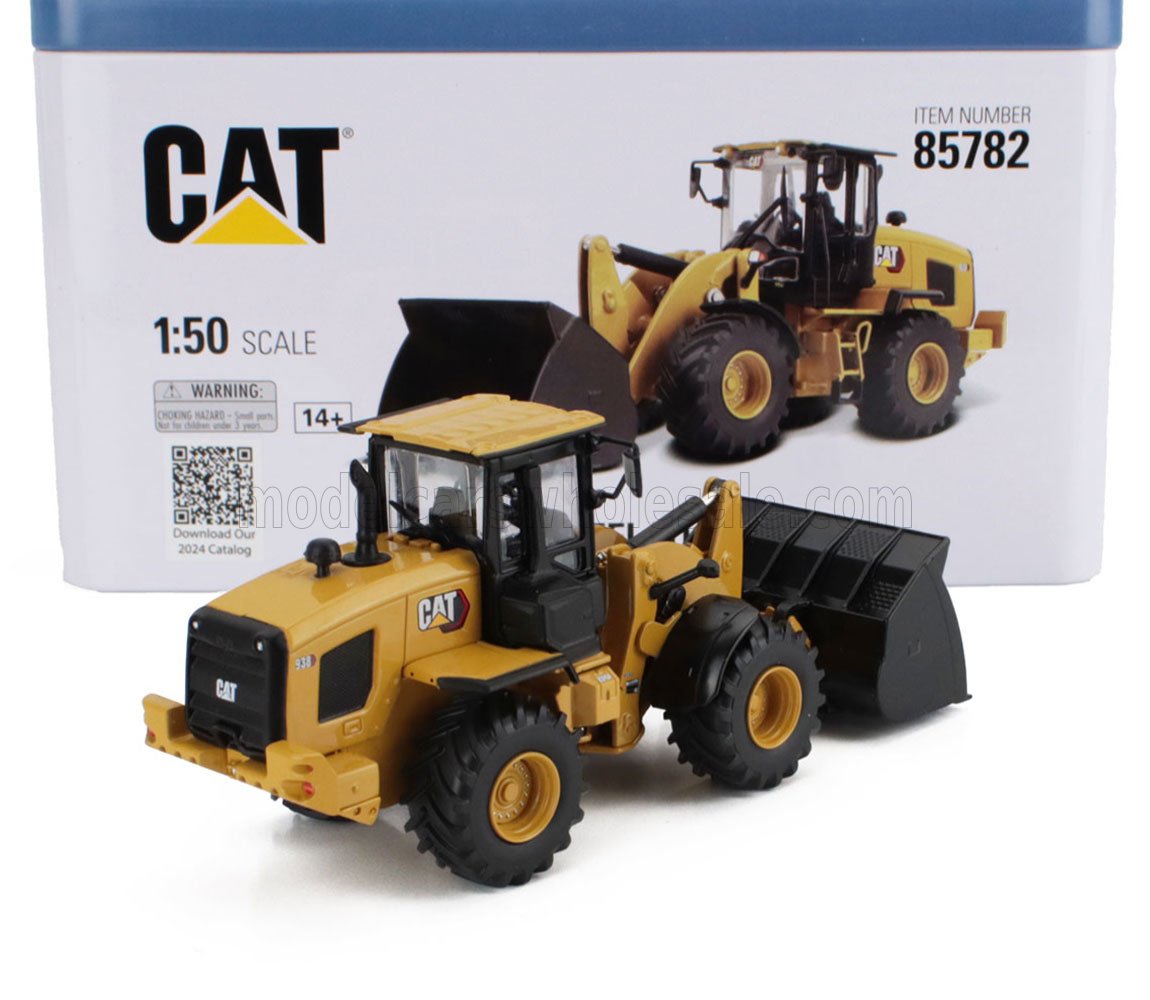 CAT 1:50 scale yellow loader toy model with black bucket, available on Vroomi