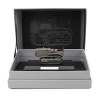 Gray scale model car of tracked tractor in display box, Vroomi collection