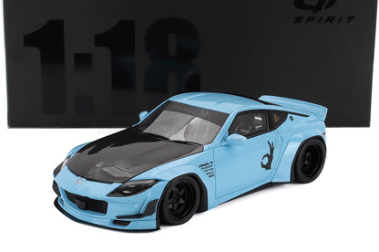 Light blue 1:18 scale die-cast Nissan Z model with black hood and wide body kit, available at Vroomi